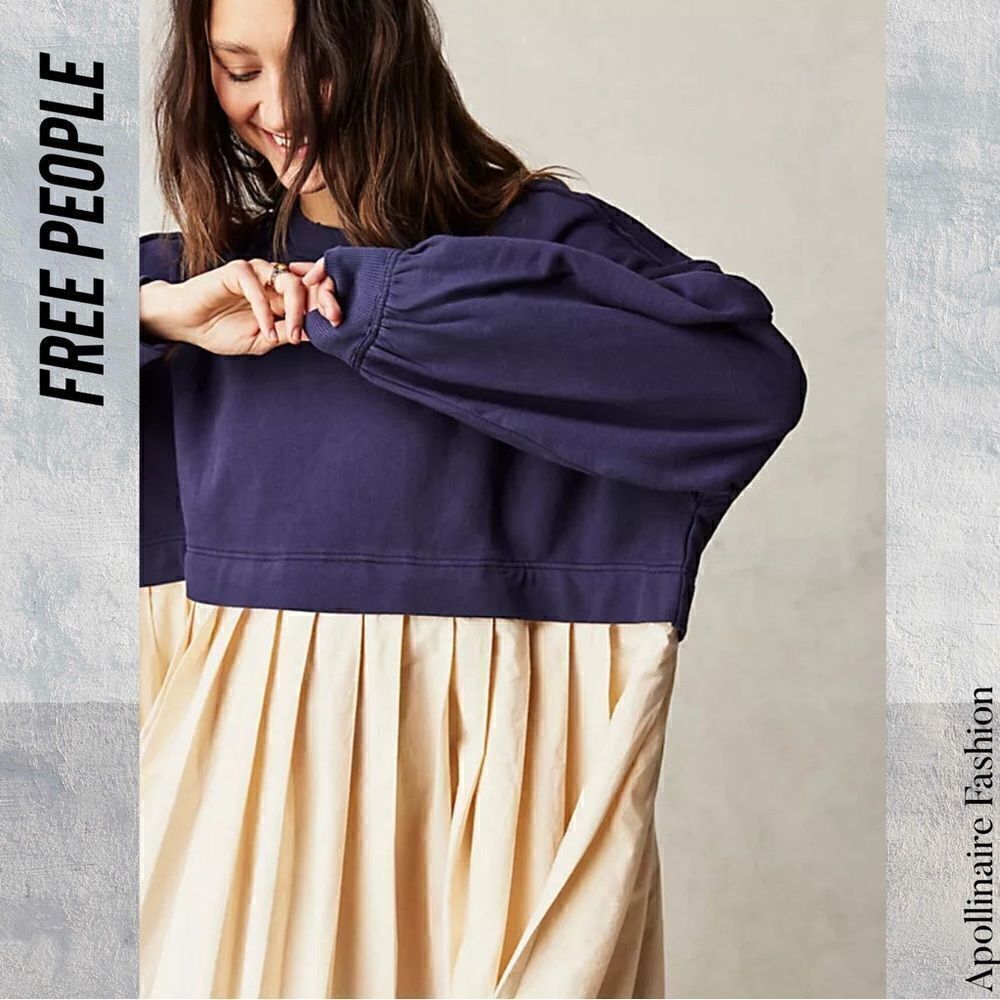 FREE PEOPLE ELEANOR TUNIC DRESS MEDIUM NAVY TAN COMBO NWOT - Picture 3 of 7